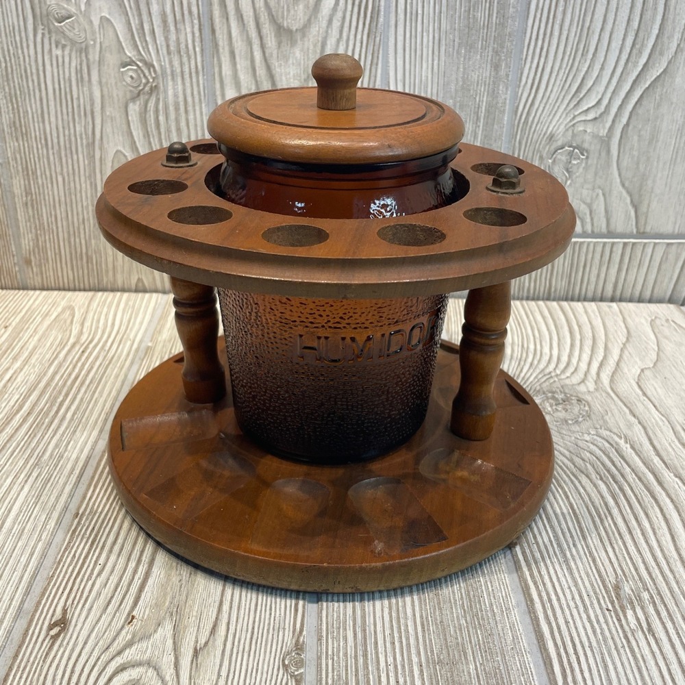Vintage Amber Glass Humidor Jar with 12 Slot Wooden Pipe Rack Stand Set